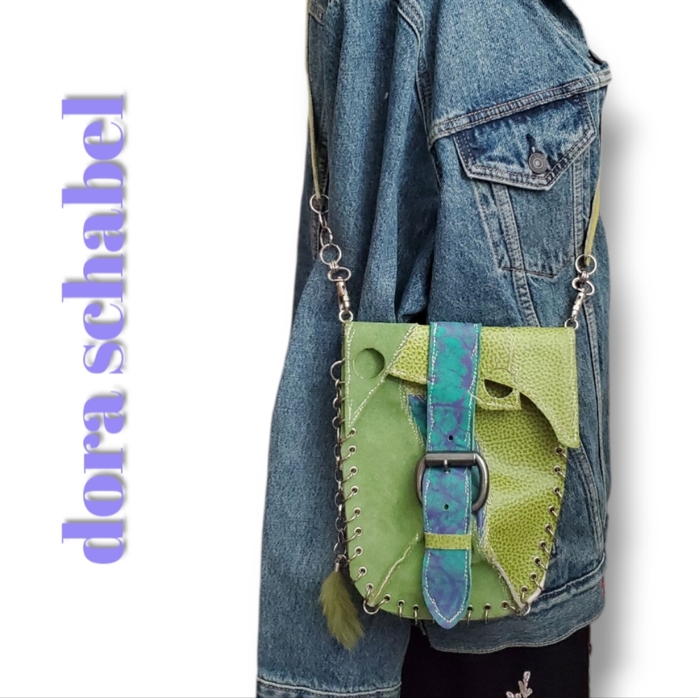 DORA SCHƏBAL Green, Blue,& Purple Leather Crossbody Bag with Wire Embellishment